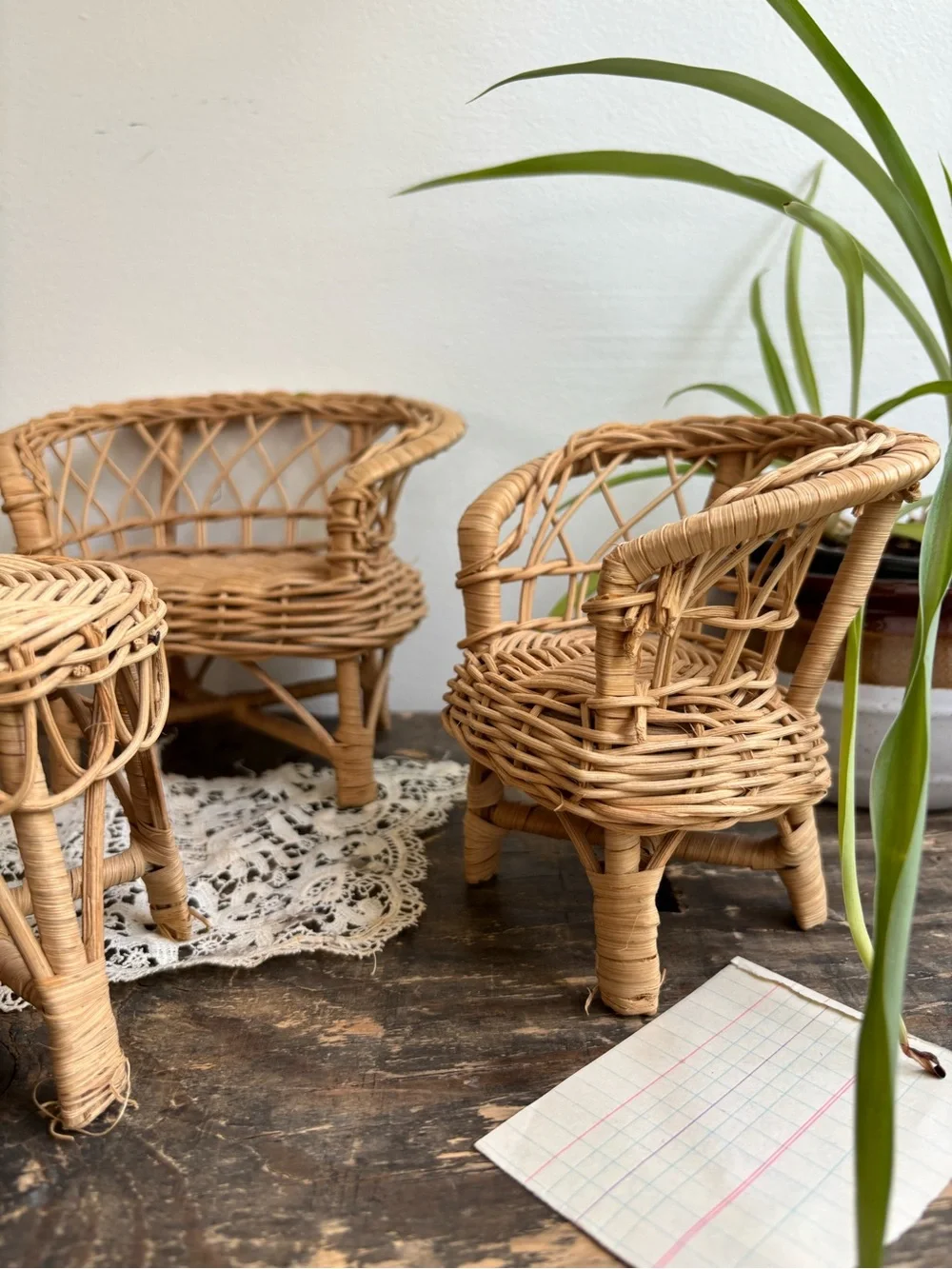 Vintage miniature Natural Rattan Wicker chair and sofa set loveseat
